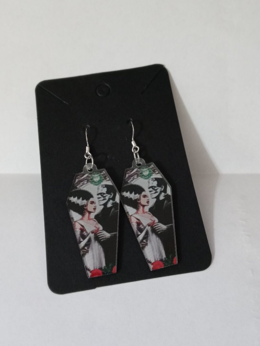 Handmade gothic coffin earrings featuring Frankenstein’s Monster and the Bride - Picture 4 of 4
